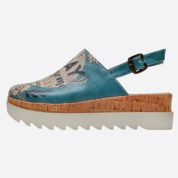 New DOGO Vegan Leather Wedge Sandals - Make Today So Awesome Design blue cream 9 - Picture 3 of 12